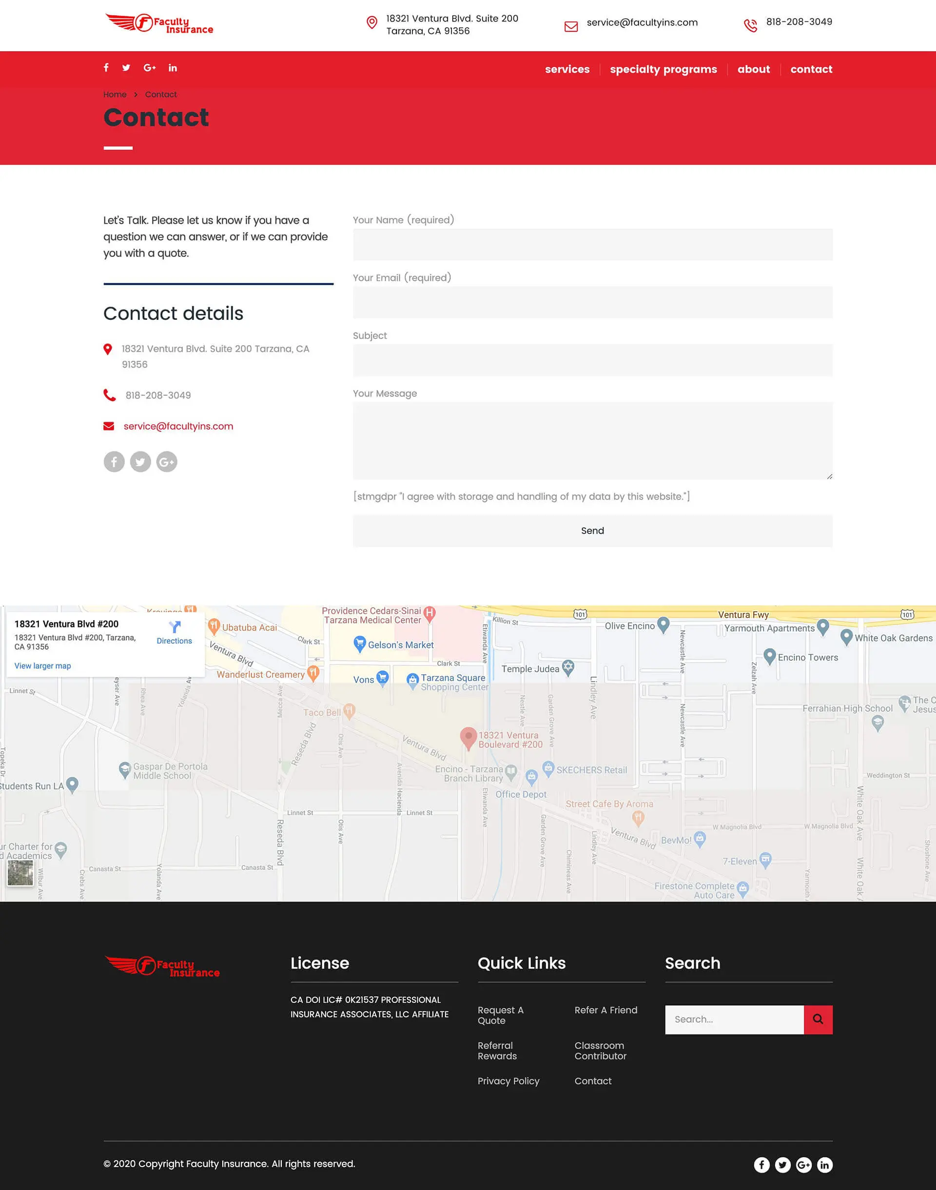 Faculty Insurance Contact page