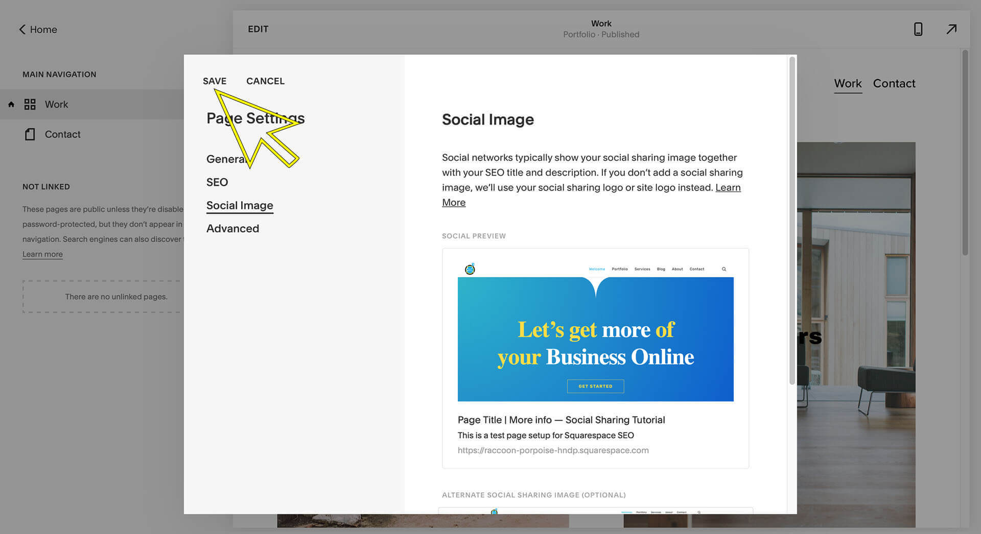 squarespace social sharing image tutorial save changes