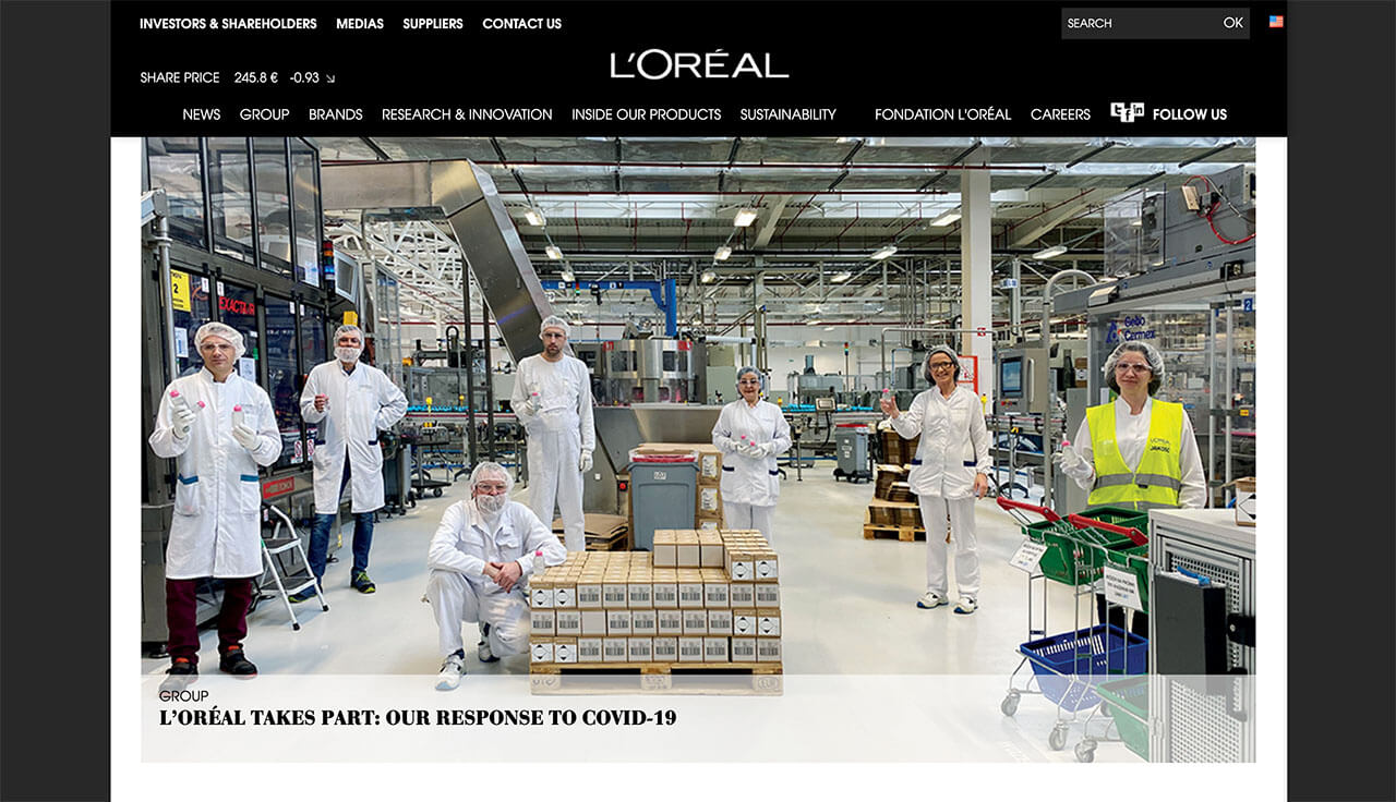 image of L'Oreal home page web design coronavirus