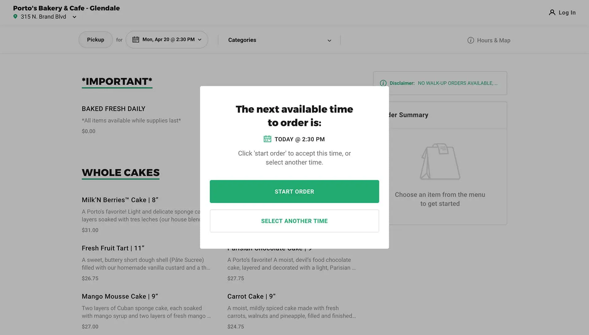 image of web design coronavirus example Porto's pickup page