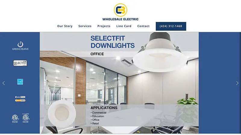 Snapshot CB wholesale electric home page. Web design by Guedin Designs